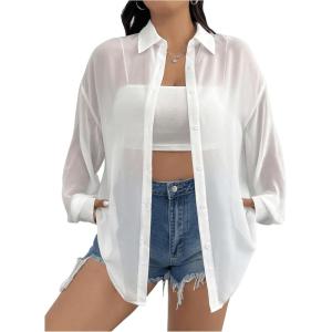imageMilumia Women Plus Size Sheer Long Sleeve Button Down Shirt See Through Blouse TopsWhite