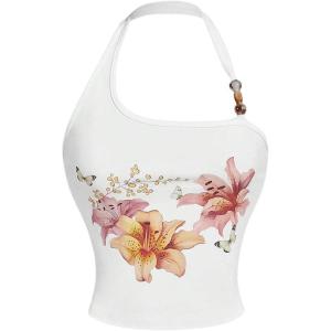 imageMilumia Womens Beaded Floral Backless Halter Top Asymmetrical Sleeveless Y2k Tank TopsWhite