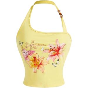 imageMilumia Womens Beaded Floral Backless Halter Top Asymmetrical Sleeveless Y2k Tank TopsYellow