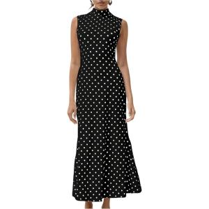 imageMilumia Womens Polka Dots Maxi Tank Dress Vintage Mock Neck Sleeveless Elegant Long DressesBlack