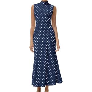 imageMilumia Womens Polka Dots Maxi Tank Dress Vintage Mock Neck Sleeveless Elegant Long DressesBlue