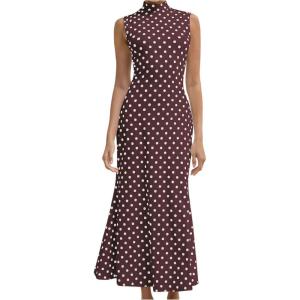 imageMilumia Womens Polka Dots Maxi Tank Dress Vintage Mock Neck Sleeveless Elegant Long DressesBrown