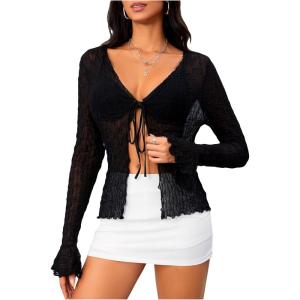 imageMilumia Womens Y2K Textured Lettuce Trim Tie Front Cardigan Long Sleeve Sheer Shrug Top Cover UpsA Black