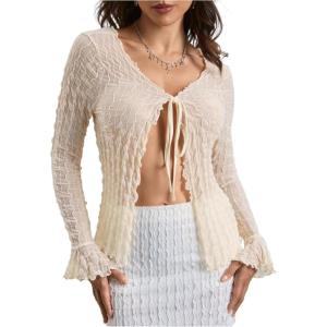 imageMilumia Womens Y2K Textured Lettuce Trim Tie Front Cardigan Long Sleeve Sheer Shrug Top Cover UpsApricot