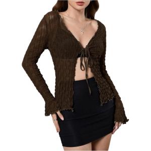 imageMilumia Womens Y2K Textured Lettuce Trim Tie Front Cardigan Long Sleeve Sheer Shrug Top Cover UpsBrown