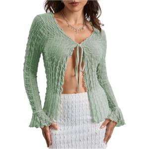 imageMilumia Womens Y2K Textured Lettuce Trim Tie Front Cardigan Long Sleeve Sheer Shrug Top Cover UpsGreen