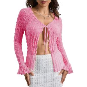 imageMilumia Womens Y2K Textured Lettuce Trim Tie Front Cardigan Long Sleeve Sheer Shrug Top Cover UpsPink