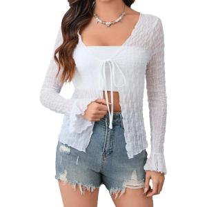 imageMilumia Womens Y2K Textured Lettuce Trim Tie Front Cardigan Long Sleeve Sheer Shrug Top Cover UpsWhite Solid