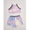 imageMilumia Girls 2PCS Outfit Tie Dye Letter Halter Cami Crop Top and Dolphin Shorts SetLight Yellow Blue