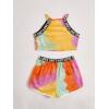 imageMilumia Girls 2PCS Outfit Tie Dye Letter Halter Cami Crop Top and Dolphin Shorts SetYellow and Orange