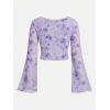 imageMilumia Girls Floral Print Bowknot Bell Sleeve Crop Tops Square Neck Ruched T ShirtsMauve Purple