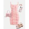imageMilumia Girls Floral Print Ruched Bust Spaghetti Straps Bodycon Cami DressPink