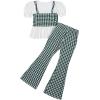 imageMilumia Girls Two Piece Outfits Houndstooth Puff Sleeve Tee and Flare Pants SetGreen and White