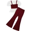 imageMilumia Girls Two Piece Outfits Houndstooth Puff Sleeve Tee and Flare Pants SetMulti Black and Red