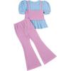 imageMilumia Girls Two Piece Outfits Houndstooth Puff Sleeve Tee and Flare Pants SetMulti Blue Pink