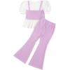 imageMilumia Girls Two Piece Outfits Houndstooth Puff Sleeve Tee and Flare Pants SetSolid Purple Print