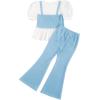 imageMilumia Girls Two Piece Outfits Houndstooth Puff Sleeve Tee and Flare Pants SetWhite and Light Blue