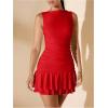 imageMilumia Womens Boat Neck Bodycon Mini Dresses Sexy Sleeveless Ruched Ruffle Hem Club Party Short DressRed