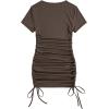 imageMilumia Womens Casual Rib Knit Short Sleeve Drawstring Ruched Bodycon Mini T Shirt DressBrown