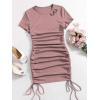imageMilumia Womens Casual Rib Knit Short Sleeve Drawstring Ruched Bodycon Mini T Shirt DressDusty Pink