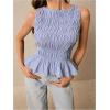 imageMilumia Womens Sleeveless Crewneck Frill Smocked Ruffle Crop Top Shirred Tank Top ShirtBlue and White