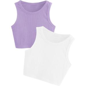 imageMilumia Girls 2 Pack Ribbed Knit Sleeveless Round Neck Casual Baisc Crop Tank TopA Multi White Purple