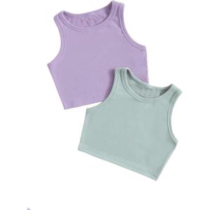 imageMilumia Girls 2 Pack Ribbed Knit Sleeveless Round Neck Casual Baisc Crop Tank TopA Purple and Mint Green