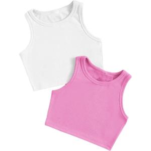 imageMilumia Girls 2 Pack Ribbed Knit Sleeveless Round Neck Casual Baisc Crop Tank TopA White and Pink