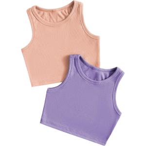 imageMilumia Girls 2 Pack Ribbed Knit Sleeveless Round Neck Casual Baisc Crop Tank TopApricot and Purple