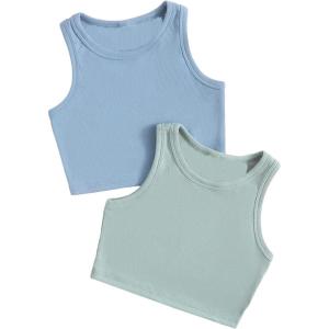 imageMilumia Girls 2 Pack Ribbed Knit Sleeveless Round Neck Casual Baisc Crop Tank TopBlue and Green
