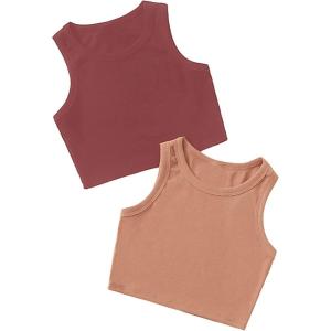 imageMilumia Girls 2 Pack Ribbed Knit Sleeveless Round Neck Casual Baisc Crop Tank TopMulti Rose Brown