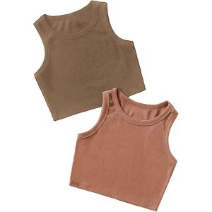 imageMilumia Girls 2 Pack Ribbed Knit Sleeveless Round Neck Casual Baisc Crop Tank TopPeru and Kahki
