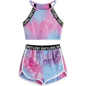 imageMilumia Girls 2PCS Outfit Tie Dye Letter Halter Cami Crop Top and Dolphin Shorts SetBlue and Pink