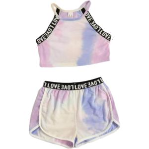 imageMilumia Girls 2PCS Outfit Tie Dye Letter Halter Cami Crop Top and Dolphin Shorts SetLight Yellow Blue