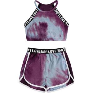 imageMilumia Girls 2PCS Outfit Tie Dye Letter Halter Cami Crop Top and Dolphin Shorts SetMulticolor