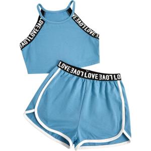 imageMilumia Girls 2PCS Outfit Tie Dye Letter Halter Cami Crop Top and Dolphin Shorts SetSolid Blue