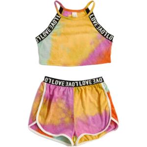 imageMilumia Girls 2PCS Outfit Tie Dye Letter Halter Cami Crop Top and Dolphin Shorts SetYellow and Orange