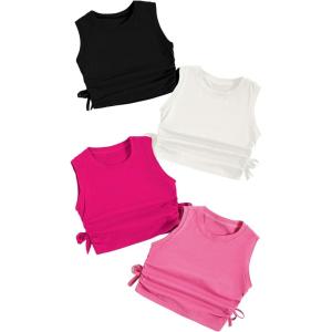 imageMilumia Girls 4 Pack Dance Tops Ruched Knot Side Solid Round Neck Crop Tank TopsMulti Pink