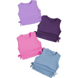 imageMilumia Girls 4 Pack Dance Tops Ruched Knot Side Solid Round Neck Crop Tank TopsMulti Purple Pink