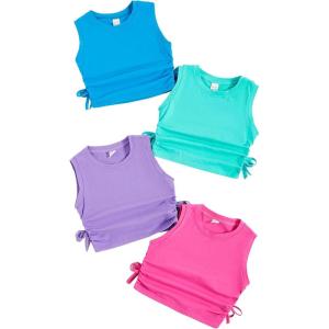 imageMilumia Girls 4 Pack Dance Tops Ruched Knot Side Solid Round Neck Crop Tank TopsMulticolor