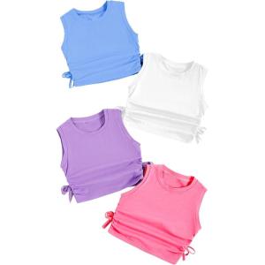 imageMilumia Girls 4 Pack Dance Tops Ruched Knot Side Solid Round Neck Crop Tank TopsWhite Blue Pink