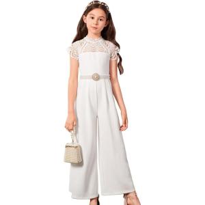 imageMilumia Girls Contrast Lace Scallop Cap Sleeve Mock Neck High Waist Long Jumpsuit Overalls