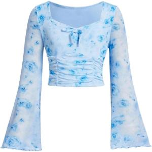 imageMilumia Girls Floral Print Bowknot Bell Sleeve Crop Tops Square Neck Ruched T ShirtsBlue