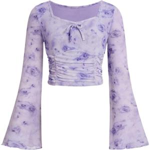 imageMilumia Girls Floral Print Bowknot Bell Sleeve Crop Tops Square Neck Ruched T ShirtsMauve Purple