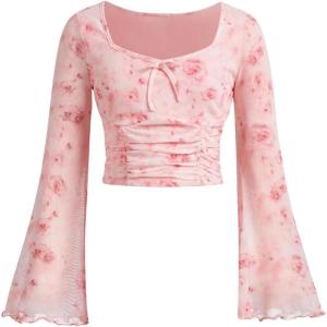 imageMilumia Girls Floral Print Bowknot Bell Sleeve Crop Tops Square Neck Ruched T ShirtsPink