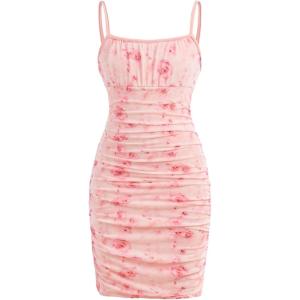 imageMilumia Girls Floral Print Ruched Bust Spaghetti Straps Bodycon Cami DressPink