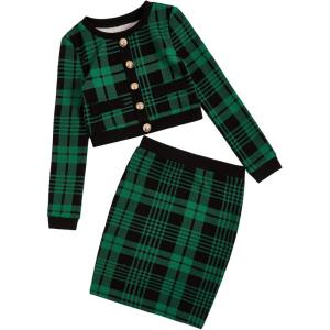 imageMilumia Girls Two Piece Outfits Houndstooth Button Decor Crop Blazer Jacket and Skirt SetsBlack and Green