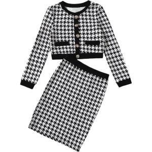 imageMilumia Girls Two Piece Outfits Houndstooth Button Decor Crop Blazer Jacket and Skirt SetsBlack and White