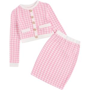 imageMilumia Girls Two Piece Outfits Houndstooth Button Decor Crop Blazer Jacket and Skirt SetsPink