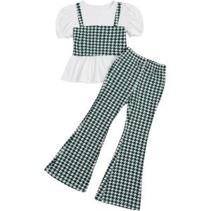 imageMilumia Girls Two Piece Outfits Houndstooth Puff Sleeve Tee and Flare Pants SetGreen and White